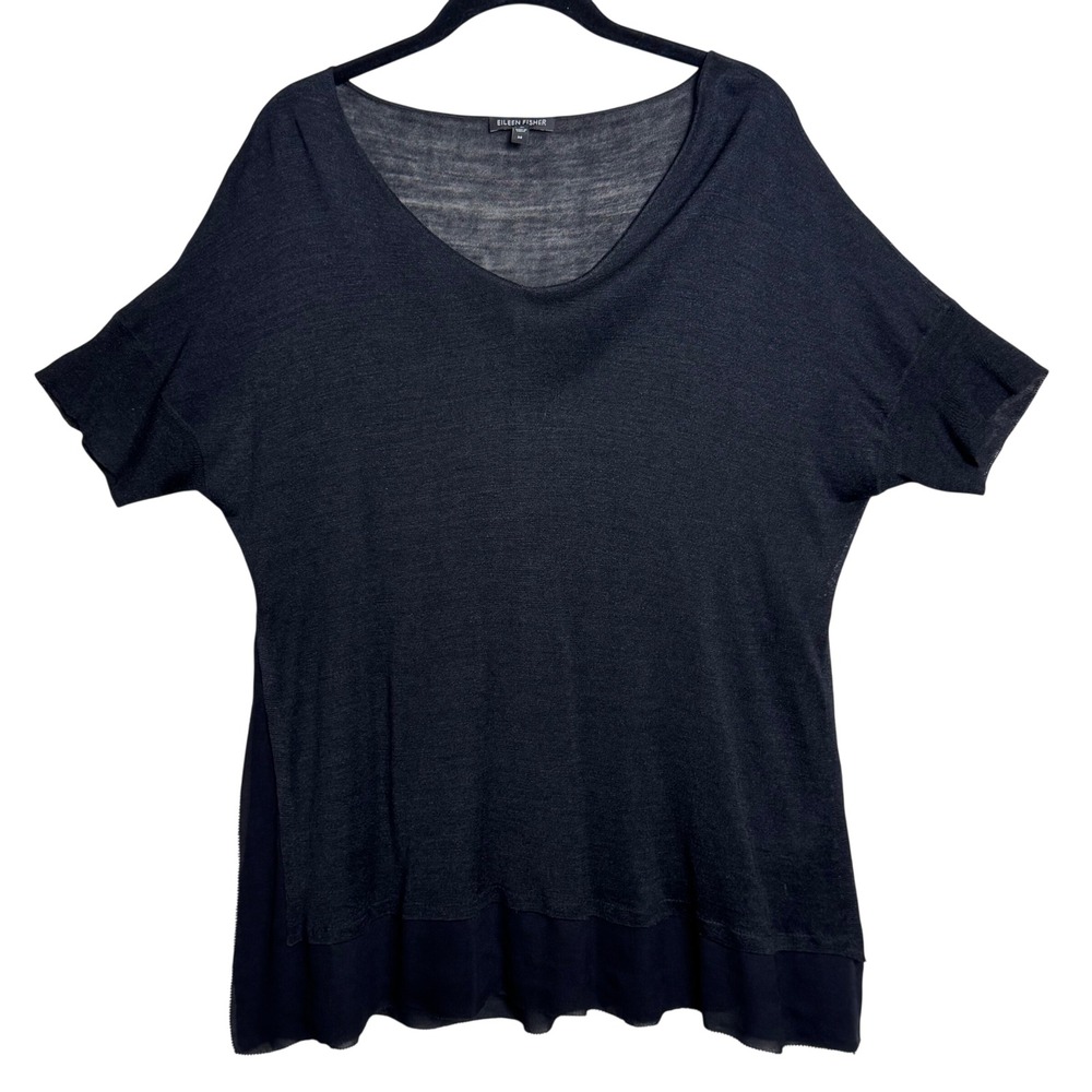 Eileen Fisher Silk Jersey Top Medium Black Layered Hem Short Sleeve Tunic 406